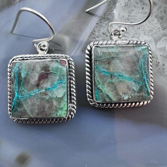 Sterling Southwestern Style Square Green Shattuckite Dangle Earrings For Women - Picture 1 of 10